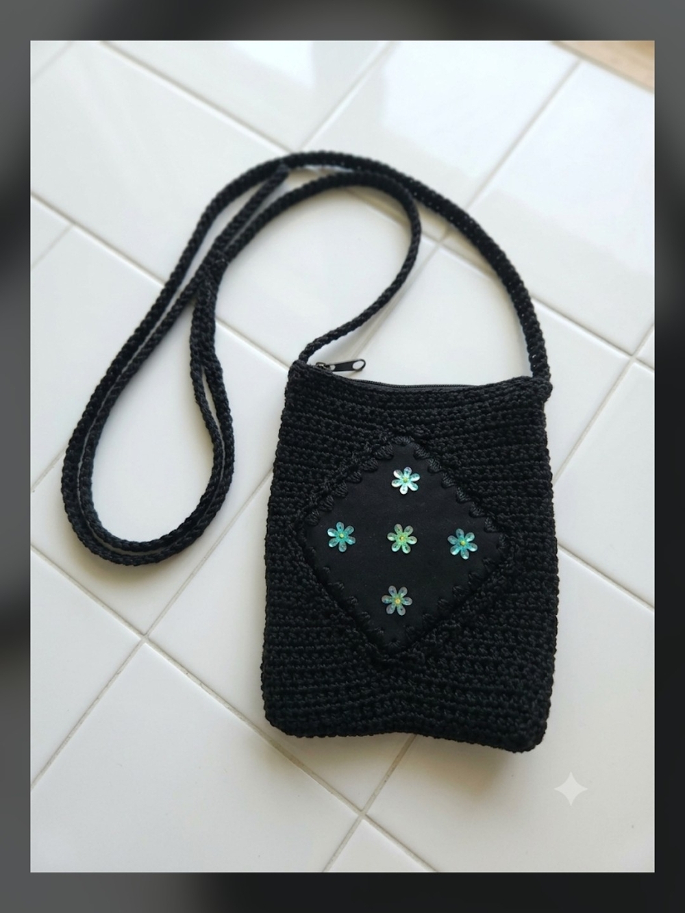 Vintage Valentino B Black Crocheted Crossbody Bag with Floral Embellishments